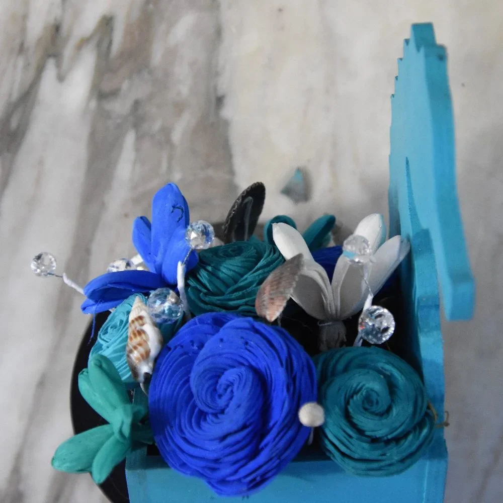 Ocean/Beach theme wall hanging seahorse planter with Sola wood flowers in ocean